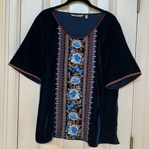 Soft Surroundings Blue Embroidered Velvet Tunic Blouse Womens XL Boho Quiet Lux